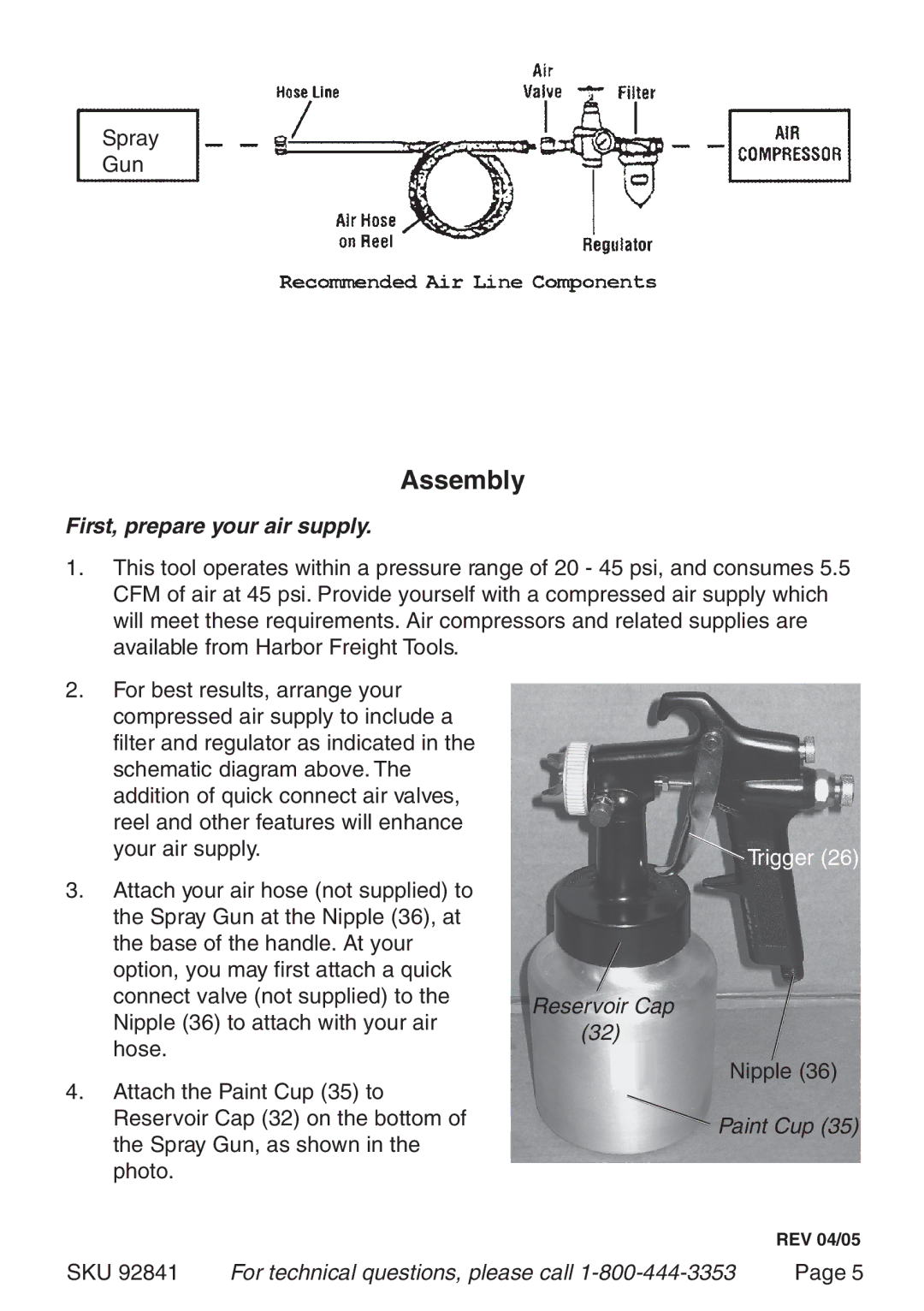 Harbor Freight Tools 92841 operating instructions Assembly, First, prepare your air supply 