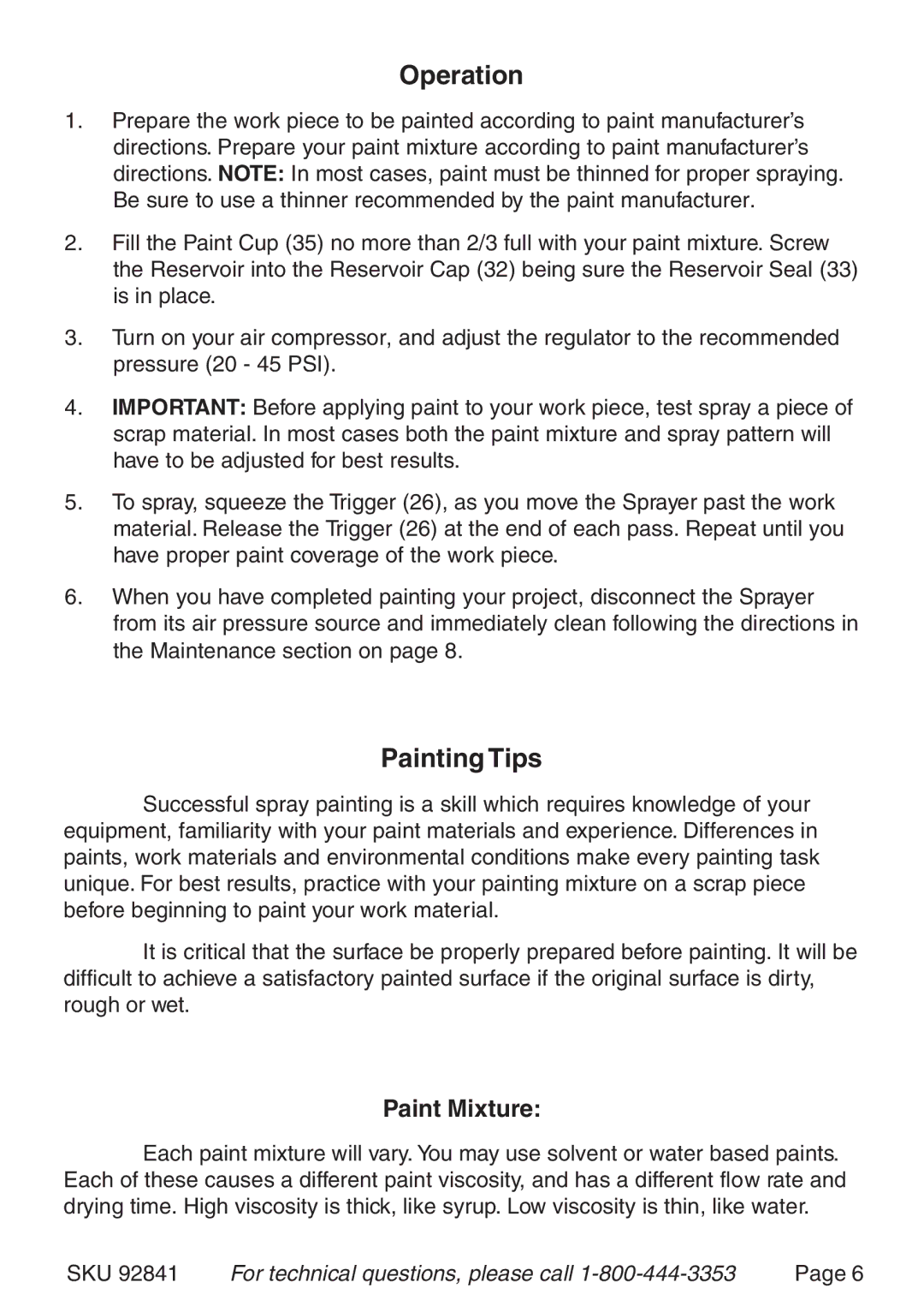 Harbor Freight Tools 92841 operating instructions Operation, Painting Tips, Paint Mixture 