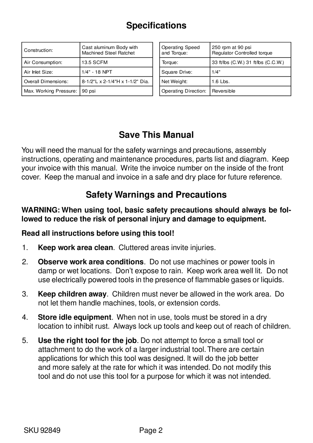 Harbor Freight Tools 92849 operating instructions Specifications, Save This Manual, Safety Warnings and Precautions 