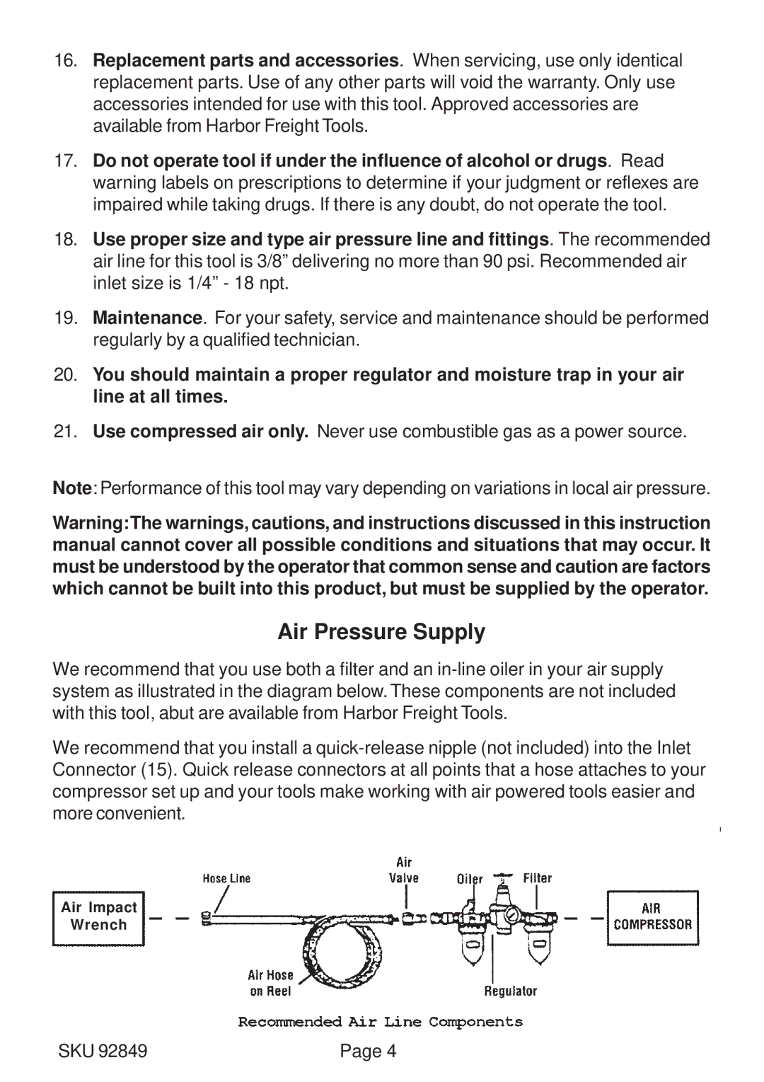 Harbor Freight Tools 92849 operating instructions Air Pressure Supply 