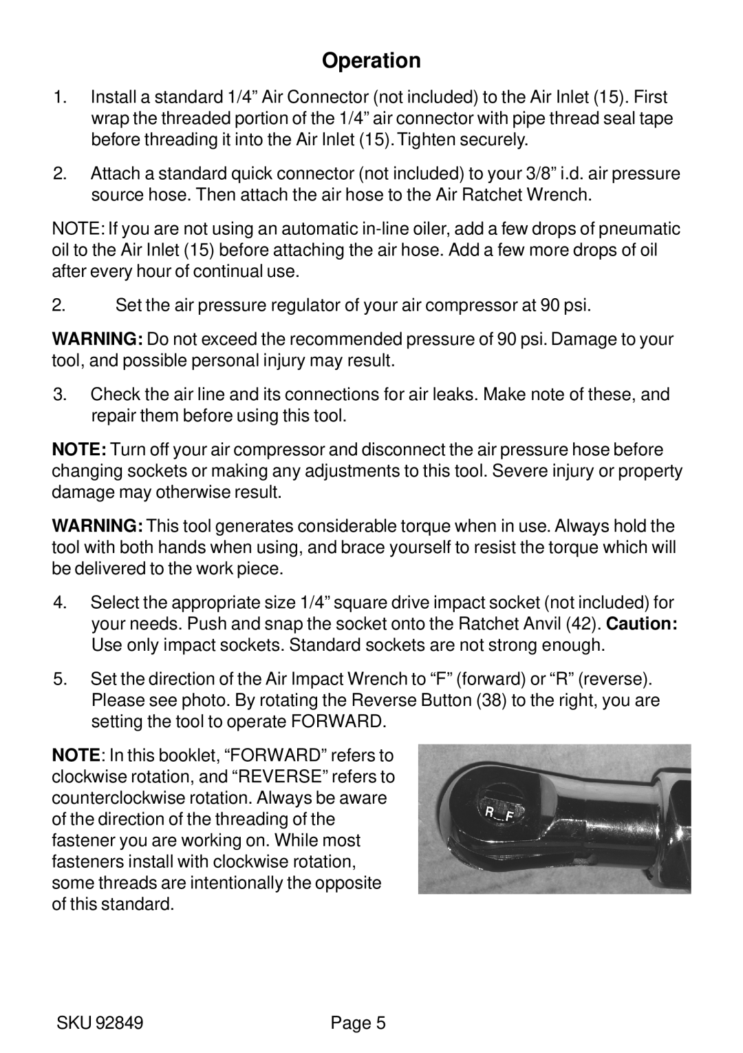 Harbor Freight Tools 92849 operating instructions Operation 