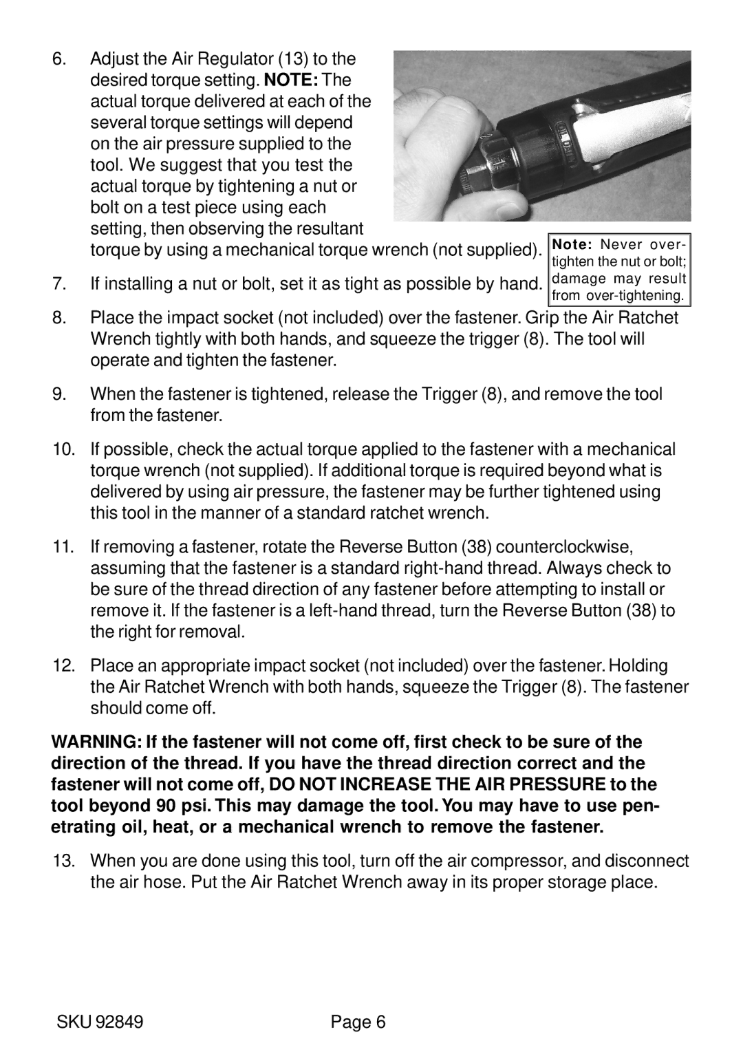 Harbor Freight Tools 92849 operating instructions 