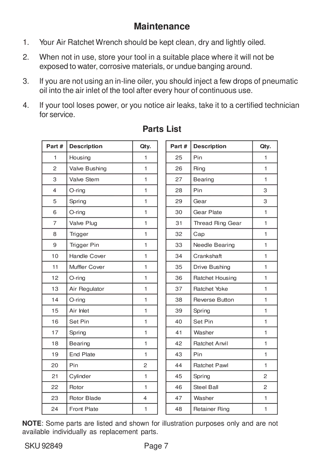 Harbor Freight Tools 92849 operating instructions Maintenance, Parts List 