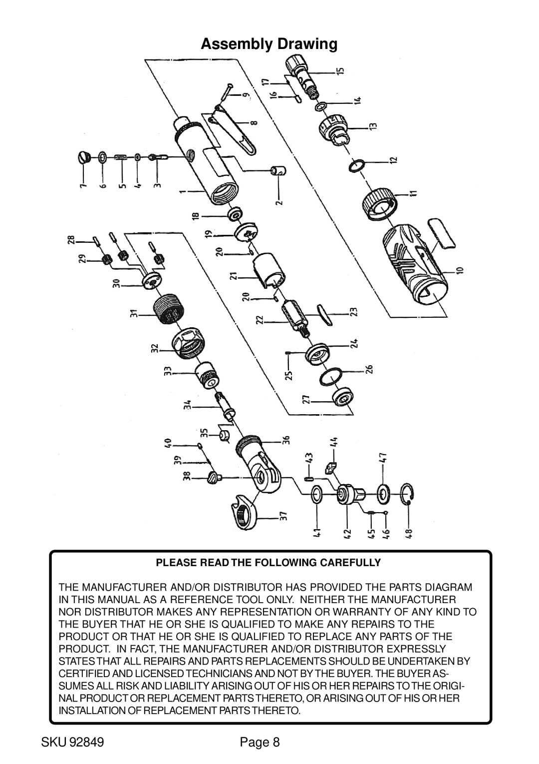 Harbor Freight Tools 92849 operating instructions Assembly Drawing, Please Read the Following Carefully 