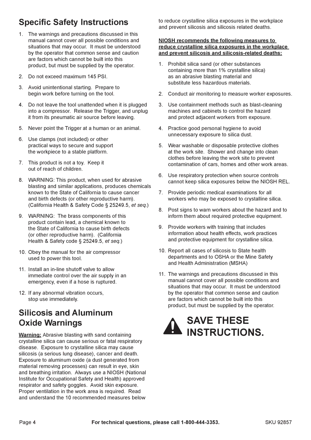 Harbor Freight Tools 92857 manual Specific Safety Instructions, Silicosis and Aluminum Oxide Warnings 