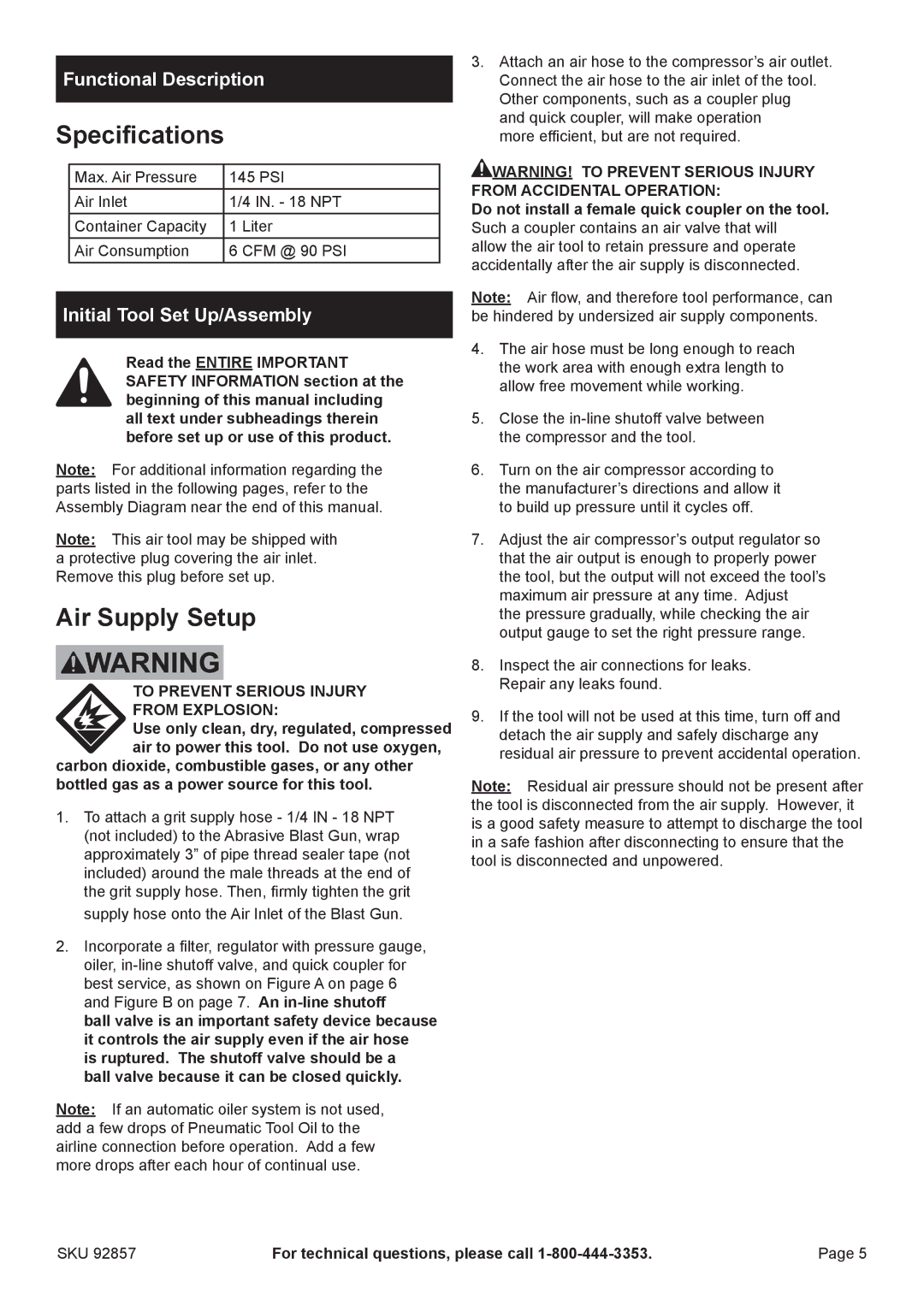 Harbor Freight Tools 92857 manual Specifications, Air Supply Setup, Functional Description, Initial Tool Set Up/Assembly 