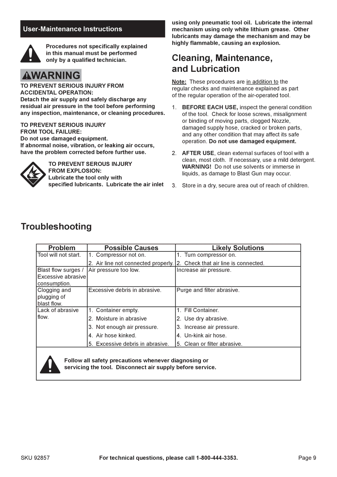 Harbor Freight Tools 92857 manual Cleaning, Maintenance, and Lubrication, Troubleshooting 