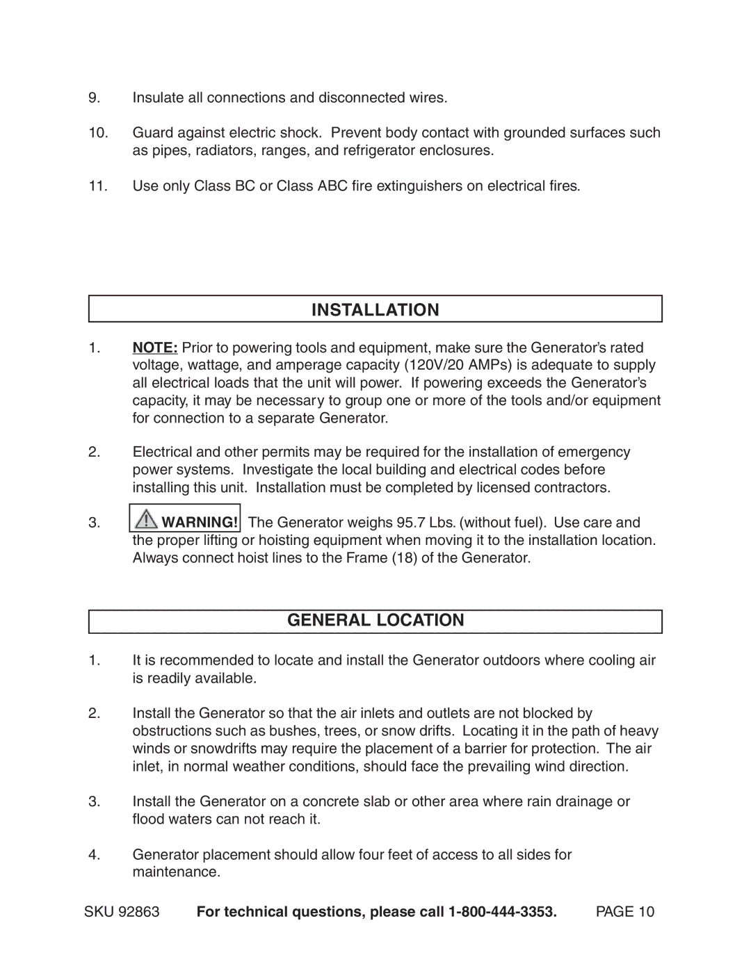 Harbor Freight Tools 92863 operating instructions Installation, General Location 