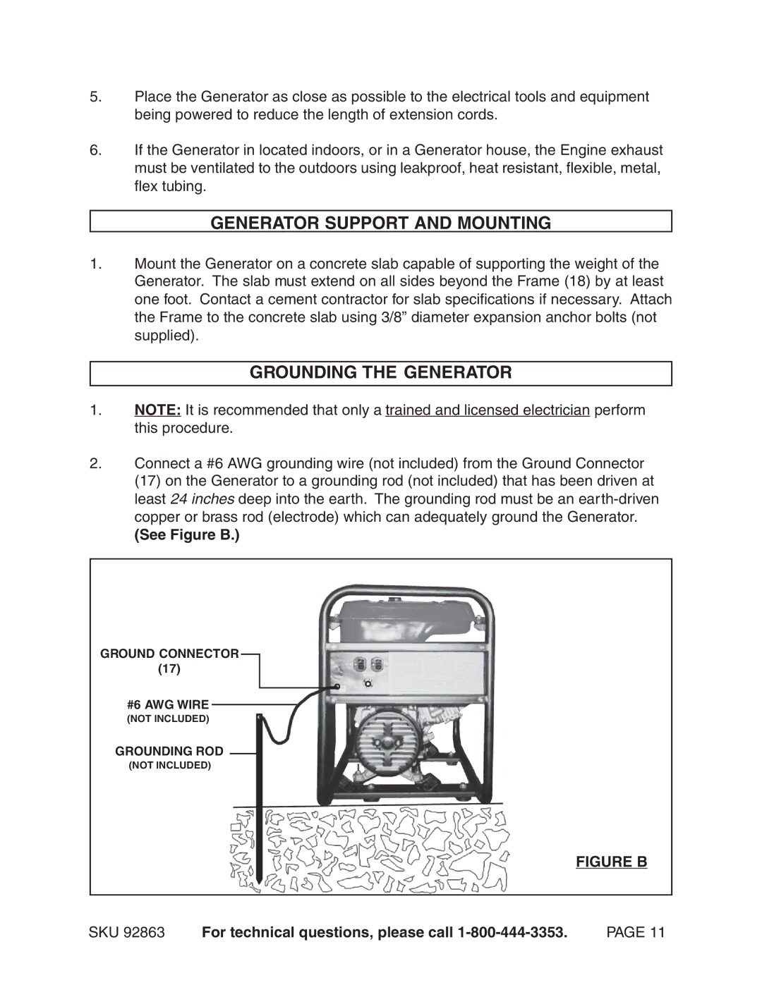 Harbor Freight Tools 92863 operating instructions Generator Support and Mounting, Grounding the Generator 