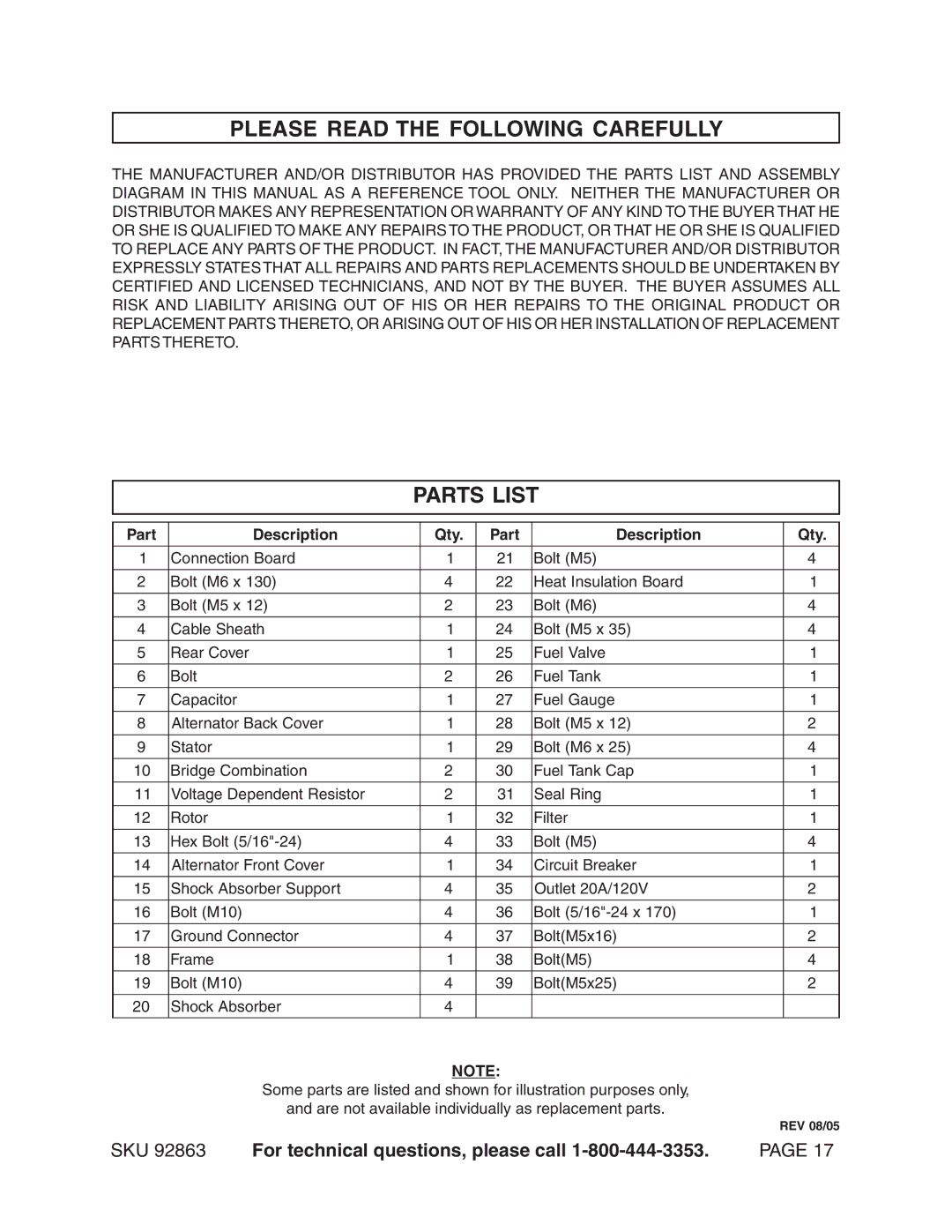 Harbor Freight Tools 92863 operating instructions Please Read the Following Carefully, Parts List 