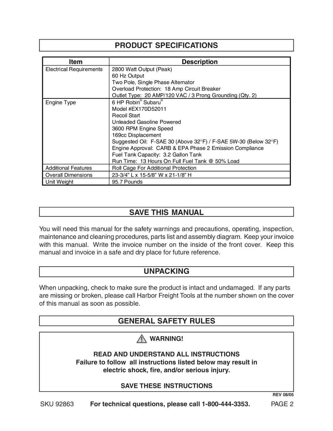 Harbor Freight Tools 92863 operating instructions Product Specifications, Save this Manual, Unpacking, General Safety Rules 