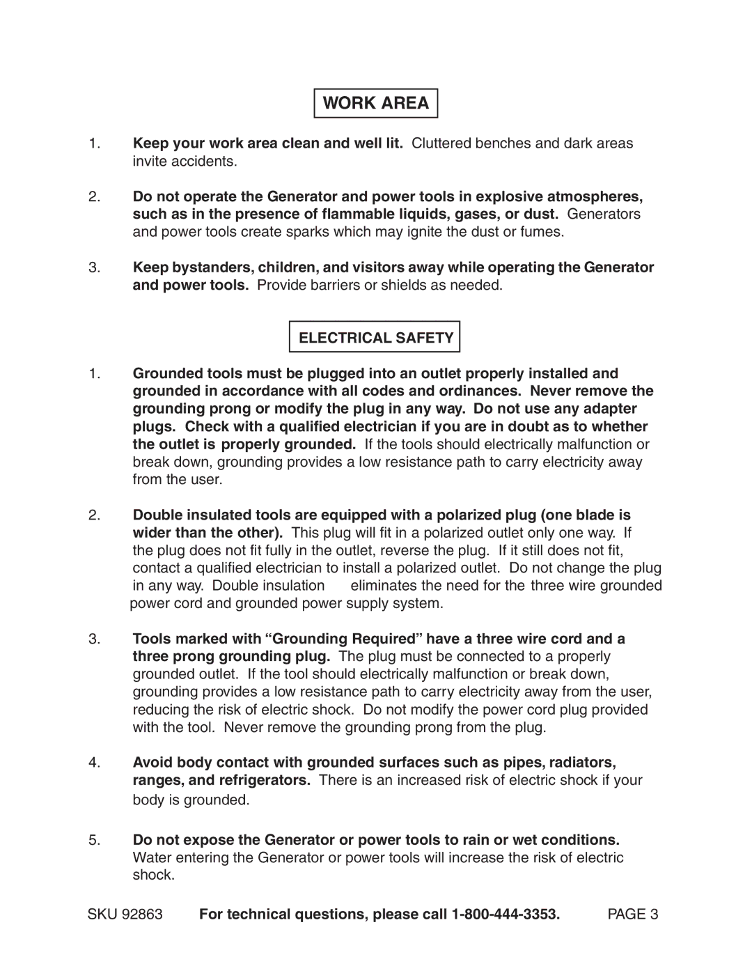 Harbor Freight Tools 92863 operating instructions Work Area, Electrical Safety 