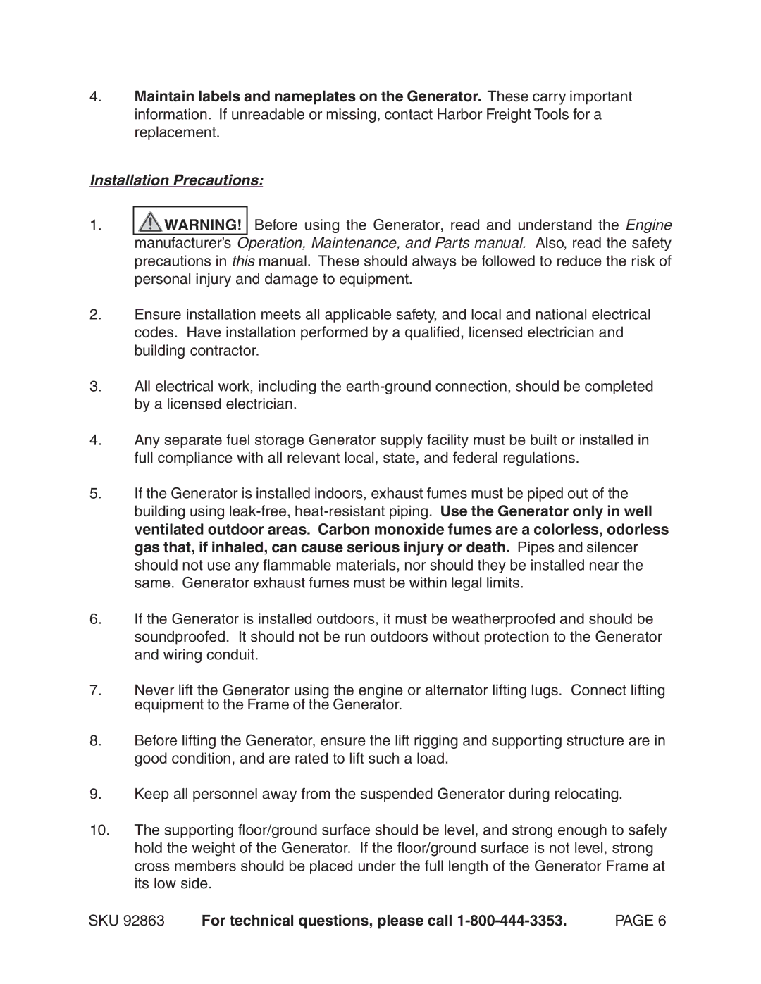 Harbor Freight Tools 92863 operating instructions Installation Precautions 