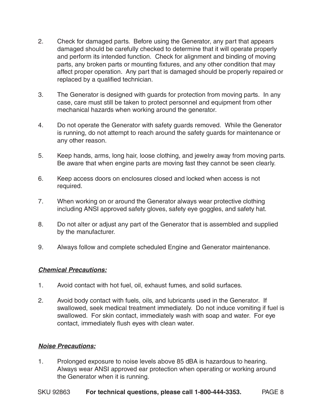 Harbor Freight Tools 92863 operating instructions Chemical Precautions, Noise Precautions 