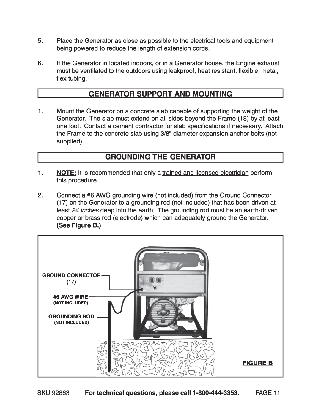 Harbor Freight Tools 92863 operating instructions Generator Support And Mounting, Grounding The Generator, See Figure B 