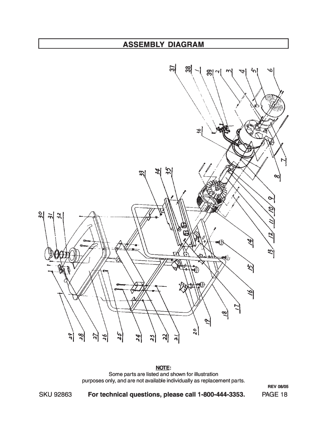 Harbor Freight Tools 92863 operating instructions Assembly Diagram, For technical questions, please call, Page, REV 08/05 