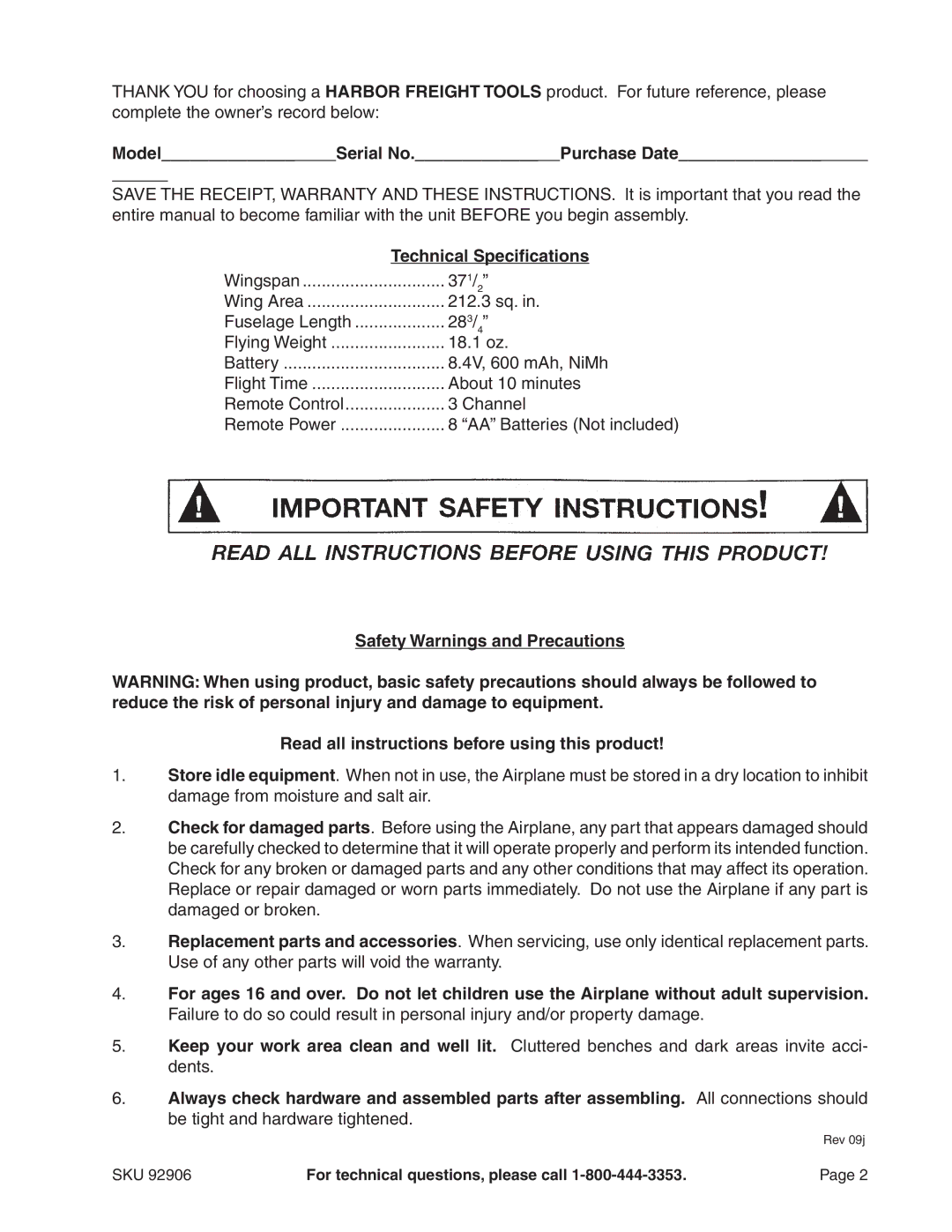 Harbor Freight Tools 92906 operating instructions Model Serial No. Purchase Date, Technical Specifications 