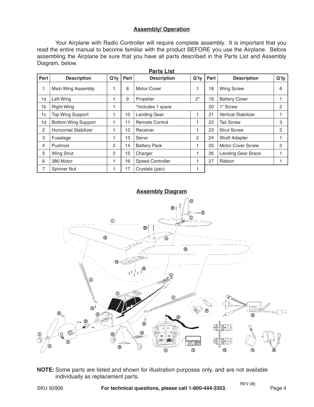 Harbor Freight Tools 92906 operating instructions Assembly/ Operation, Parts List, Assembly Diagram 