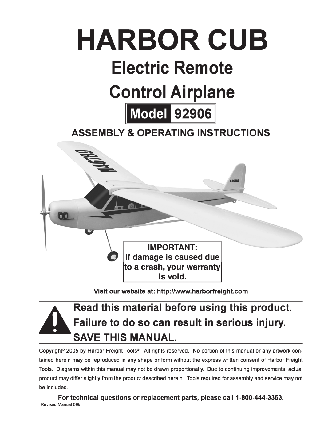 Harbor Freight Tools 92906 operating instructions harbor cub, Electric Remote Control Airplane, Model 
