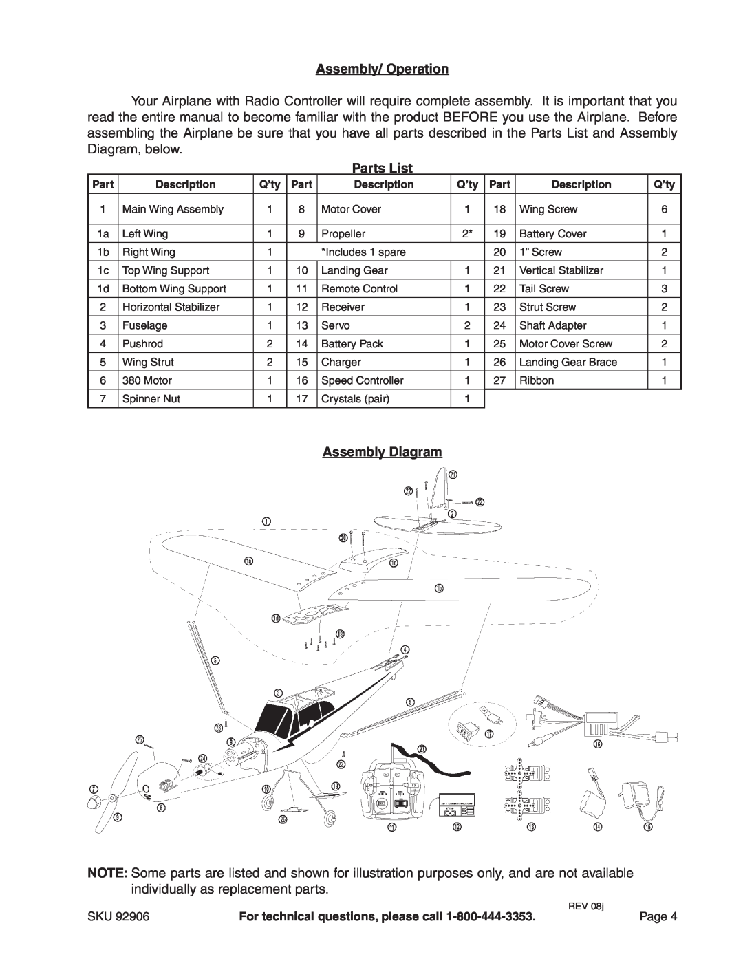 Harbor Freight Tools 92906 operating instructions Assembly/ Operation, Parts List, Assembly Diagram 