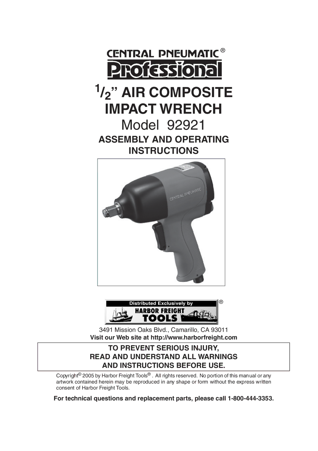 Harbor Freight Tools 92921 operating instructions AIR Composite Impact Wrench 