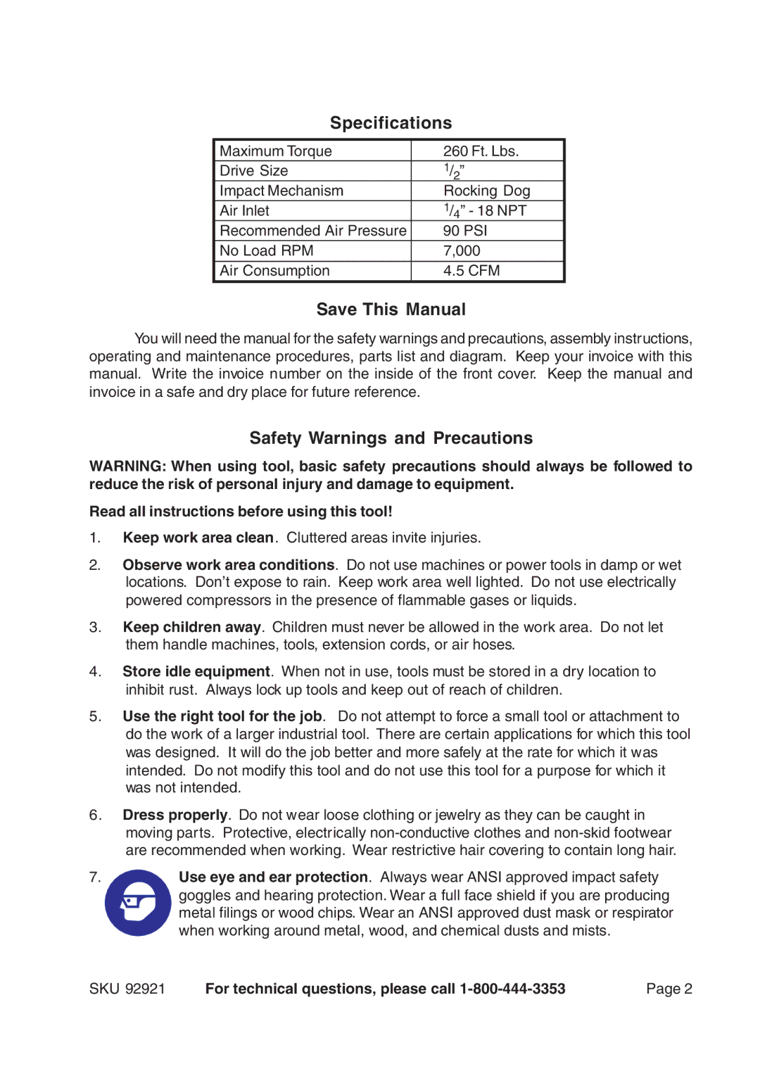 Harbor Freight Tools 92921 operating instructions Specifications, Save This Manual, Safety Warnings and Precautions 