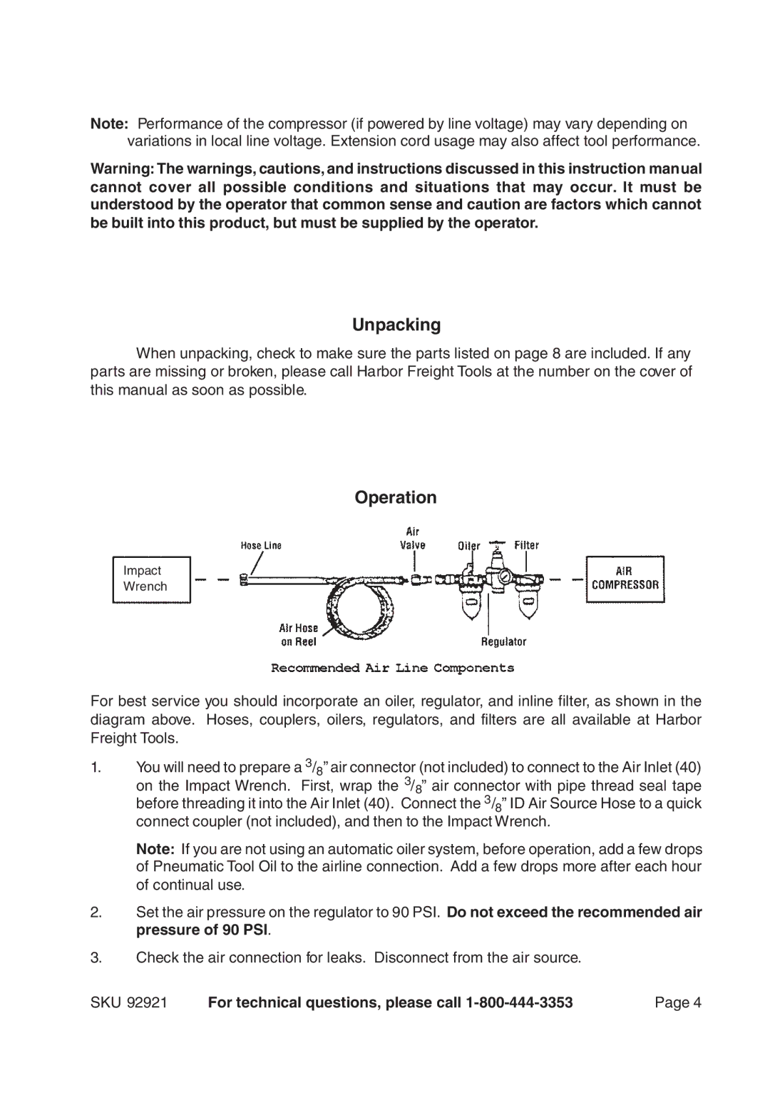 Harbor Freight Tools 92921 operating instructions Unpacking, Operation 