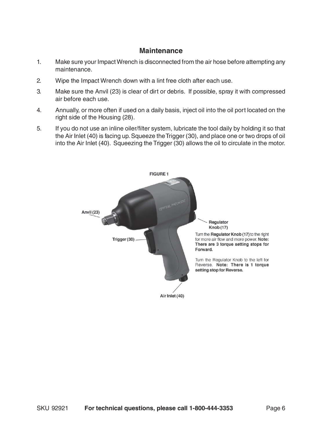 Harbor Freight Tools 92921 operating instructions Maintenance 