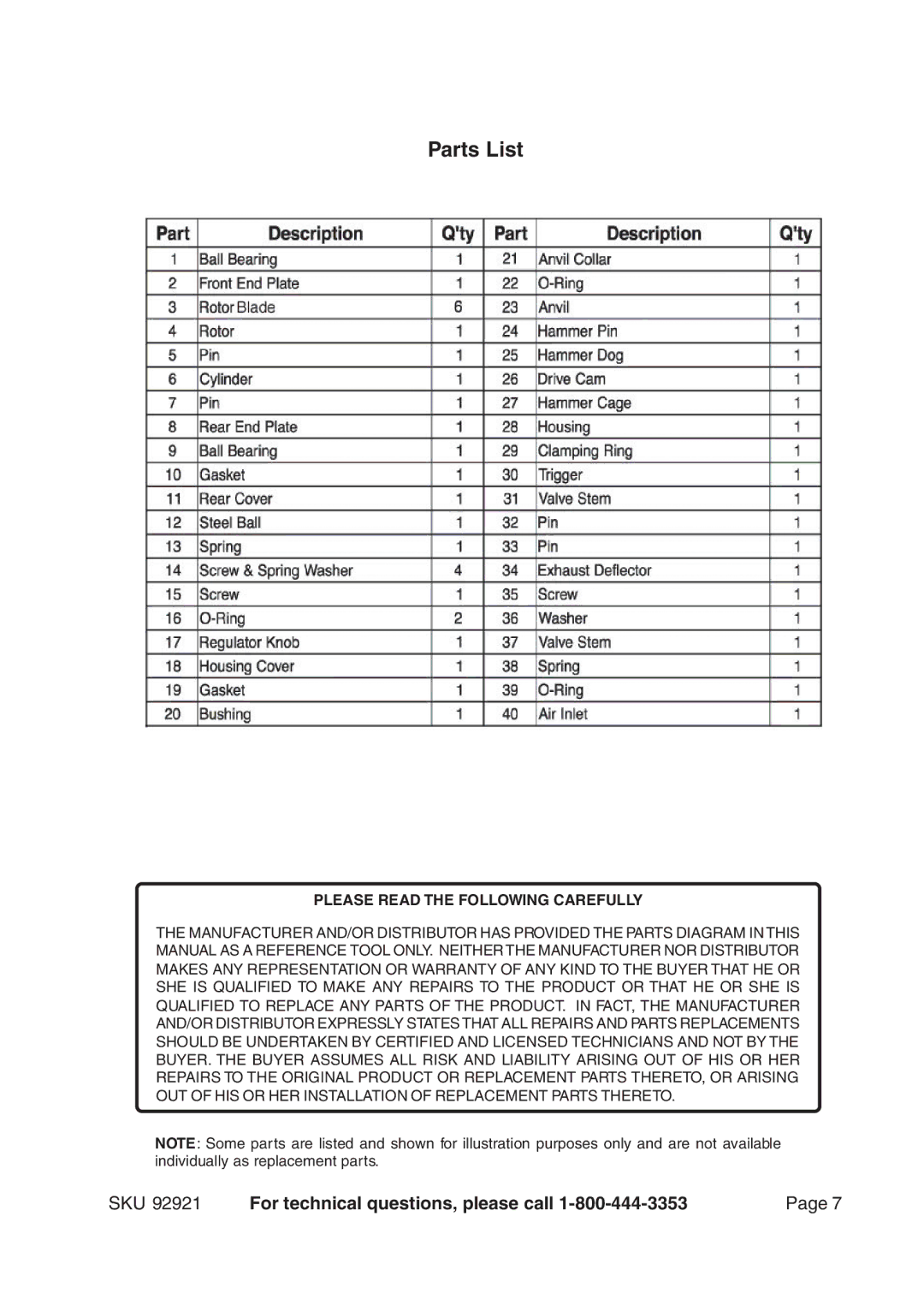 Harbor Freight Tools 92921 operating instructions Parts List, Please Read the Following Carefully 