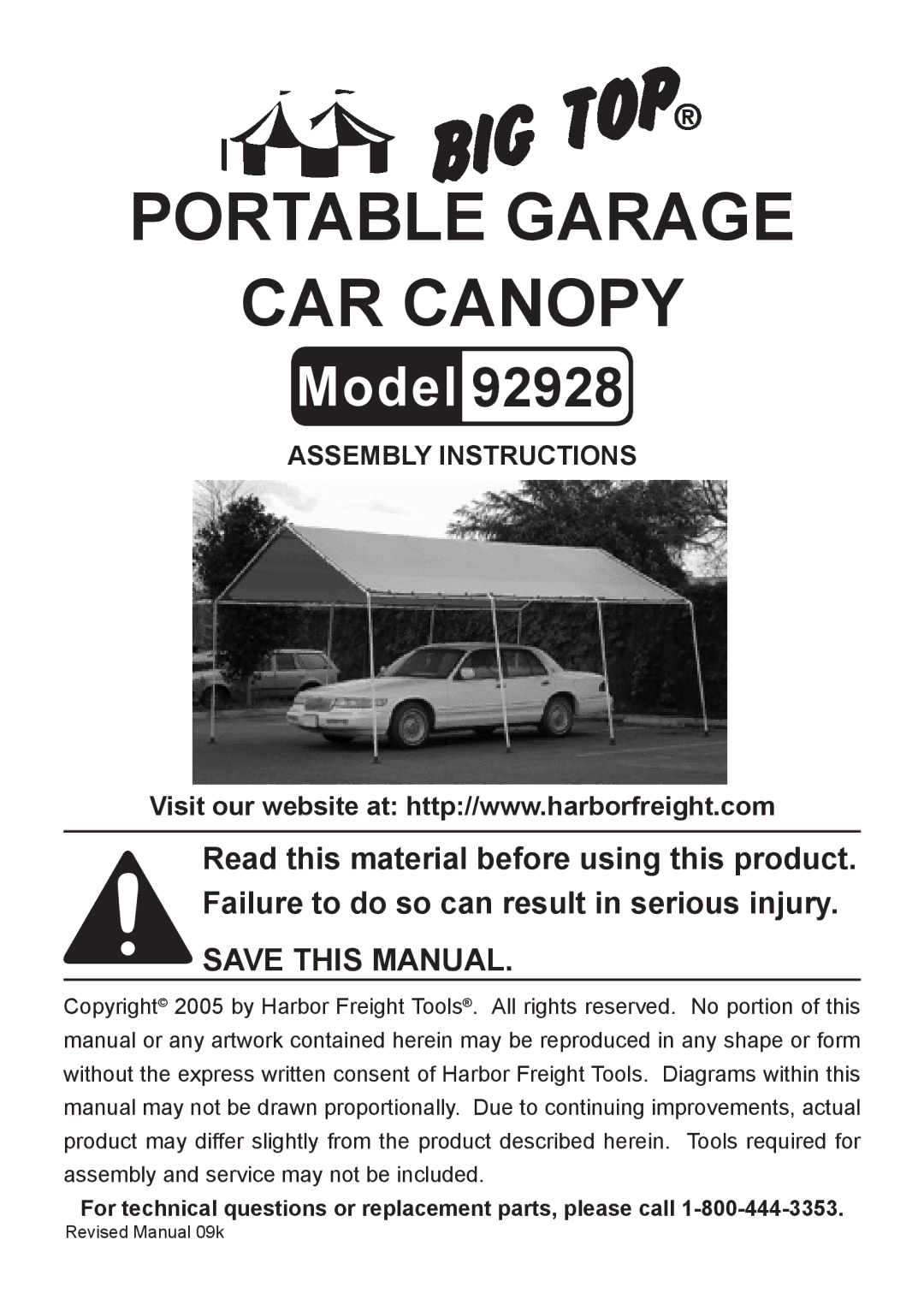 Harbor Freight Tools 92928 manual Portable Garage CAR Canopy, For technical questions or replacement parts, please call 