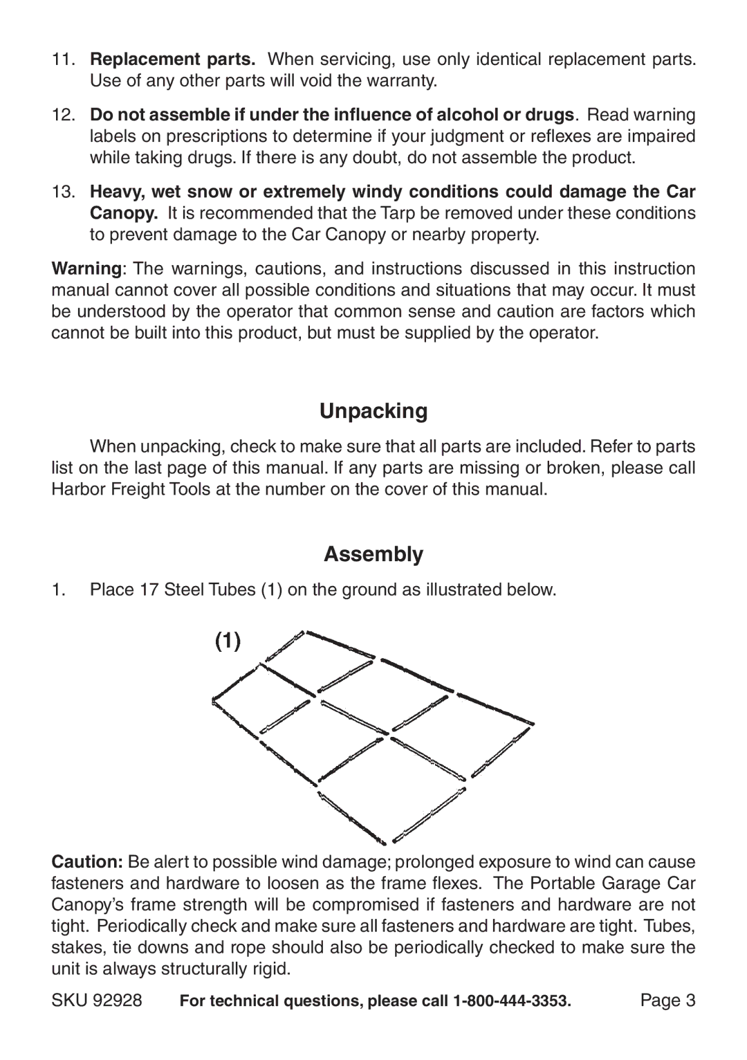 Harbor Freight Tools 92928 manual Unpacking, Assembly 