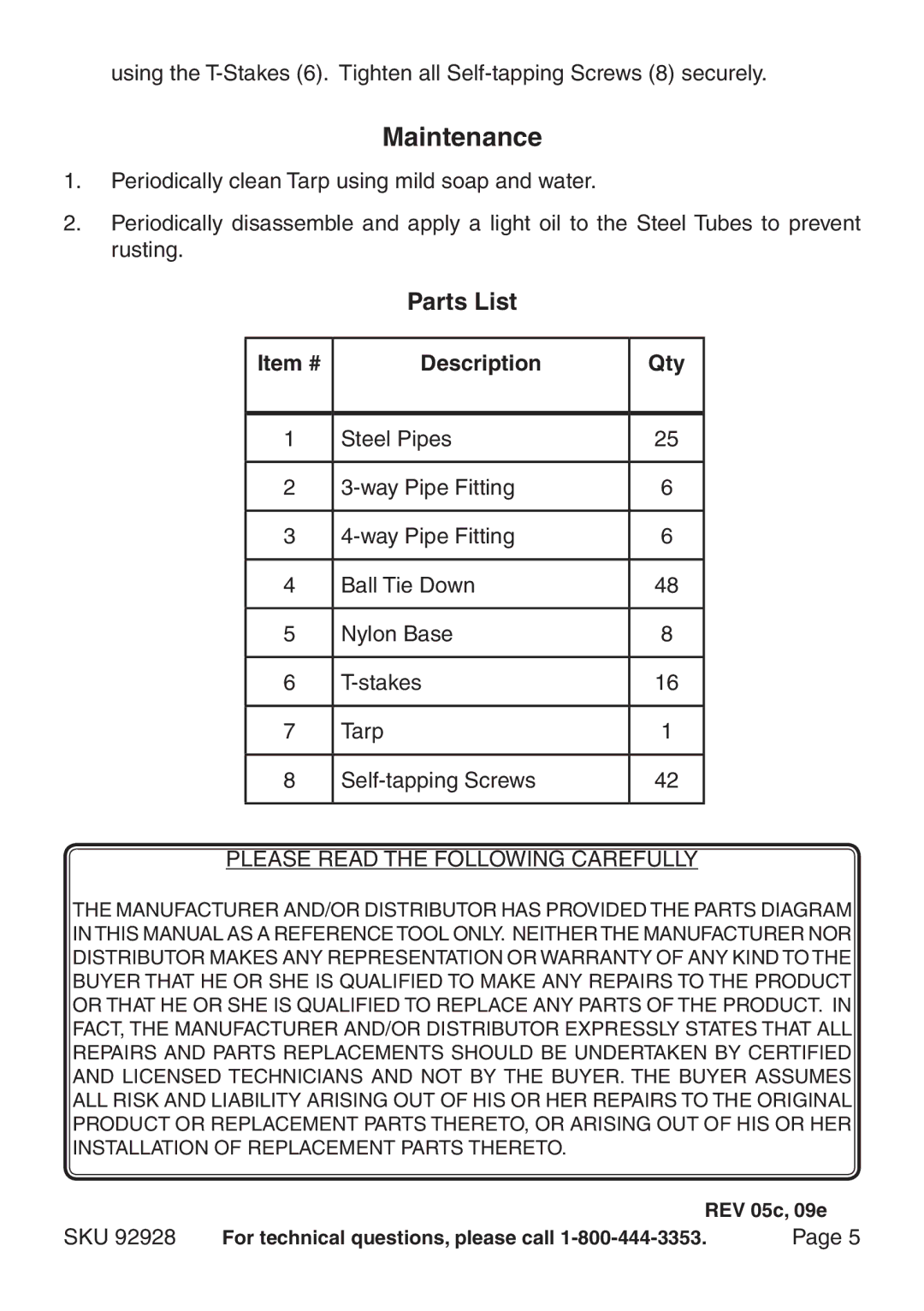 Harbor Freight Tools 92928 manual Maintenance, Item # Description Qty 