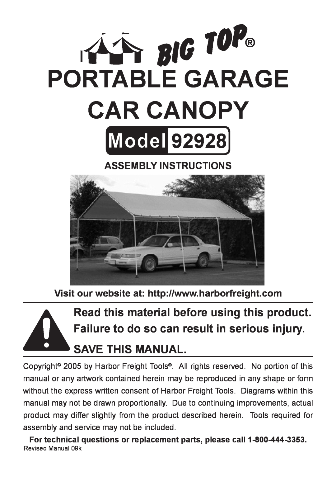 Harbor Freight Tools 92928 manual Assembly Instructions, Portable Garage Car Canopy, Save this manual 