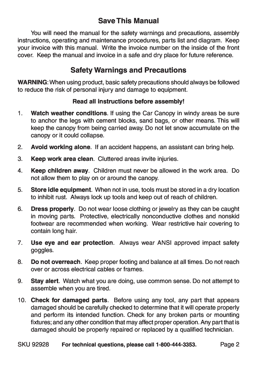Harbor Freight Tools 92928 Save This Manual, Safety Warnings and Precautions, Read all instructions before assembly, Page 
