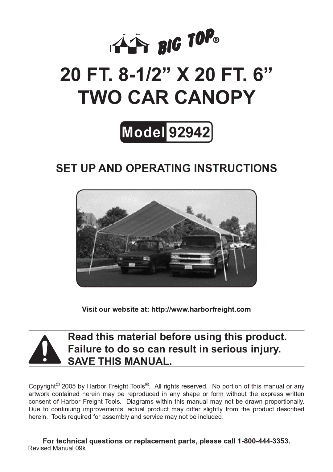 Harbor Freight Tools 92942 manual Ft -1/2 x 20 Ft Two car canopy 