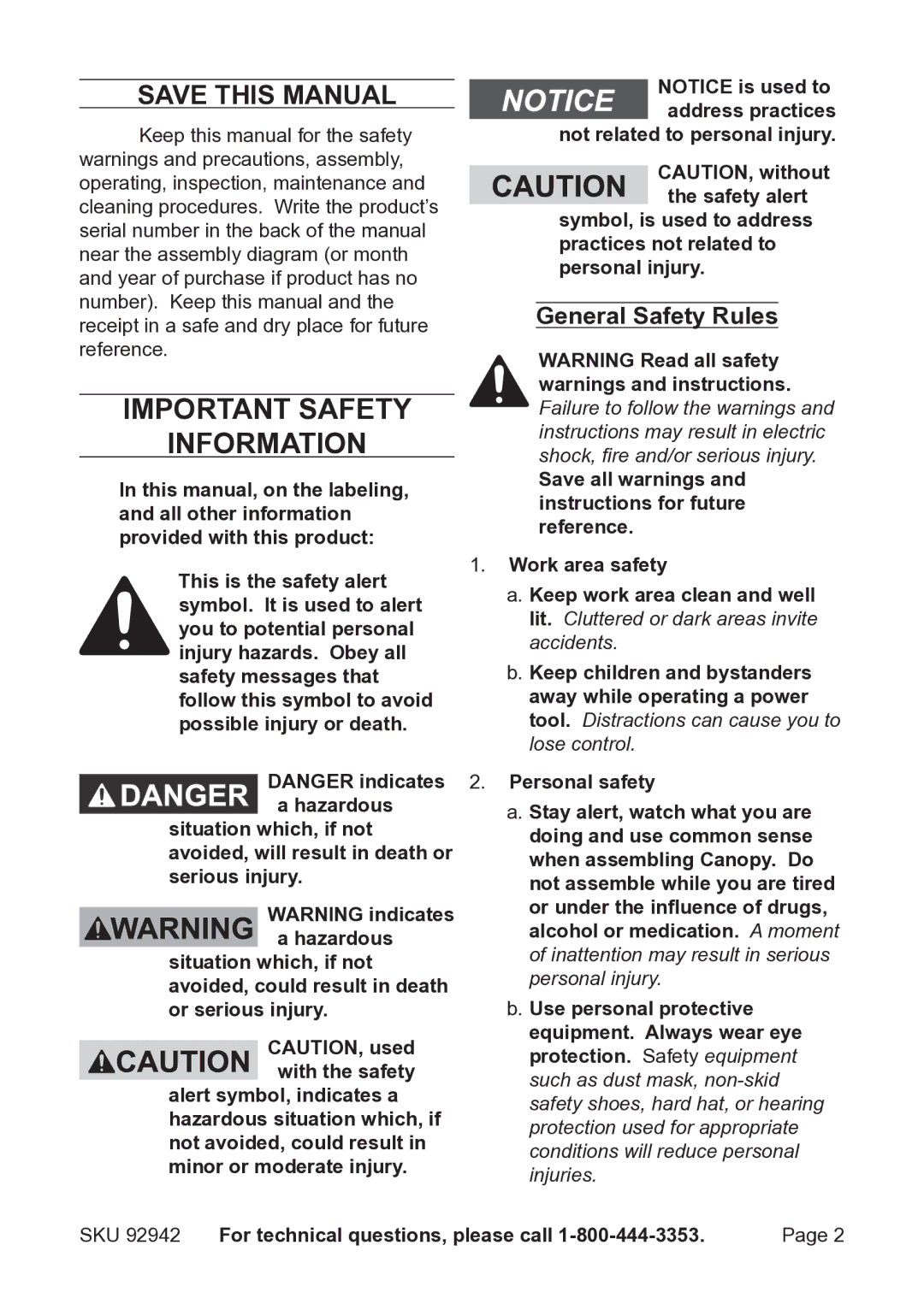 Harbor Freight Tools 92942 manual Save This Manual, General Safety Rules 