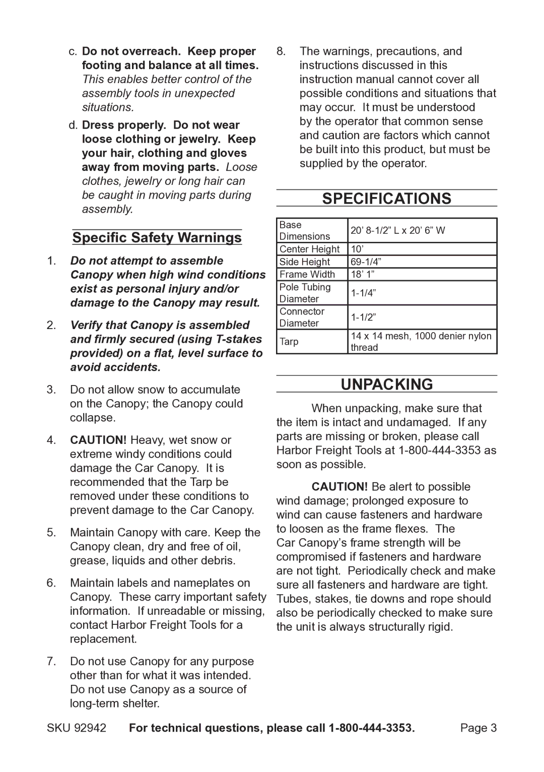 Harbor Freight Tools 92942 manual Specifications, Unpacking, Specific Safety Warnings 