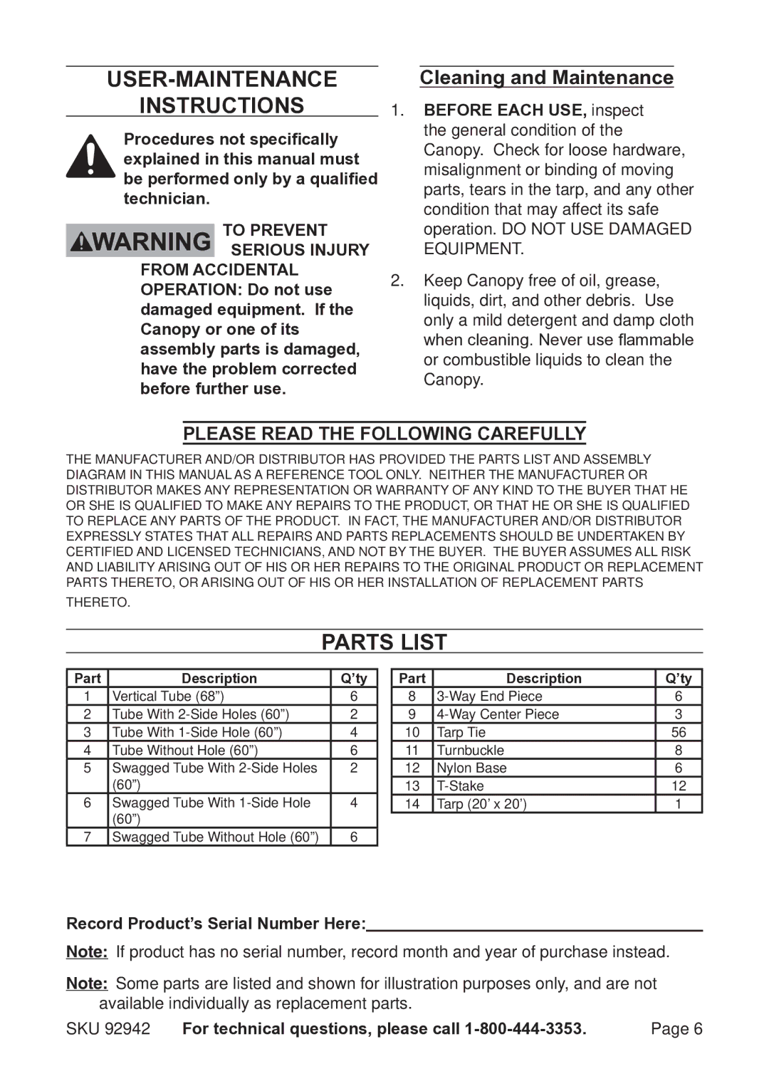 Harbor Freight Tools 92942 manual User-Maintenance Instructions, Cleaning and Maintenance 