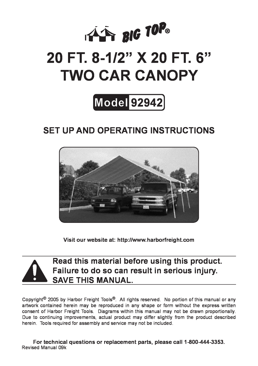 Harbor Freight Tools 92942 manual 20 Ft. 8-1/2”x 20 Ft. 6” two car canopy, Set up And Operating Instructions 