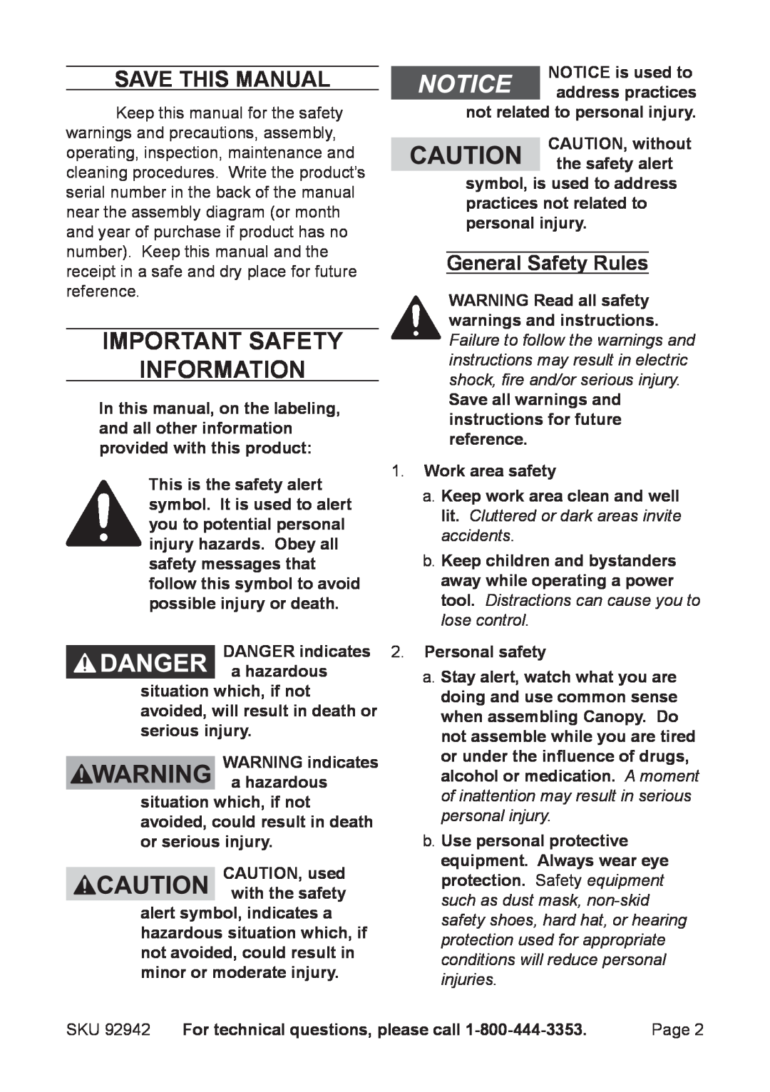 Harbor Freight Tools 92942 manual Important SAFETY Information, Save This Manual, General Safety Rules, Work area safety 