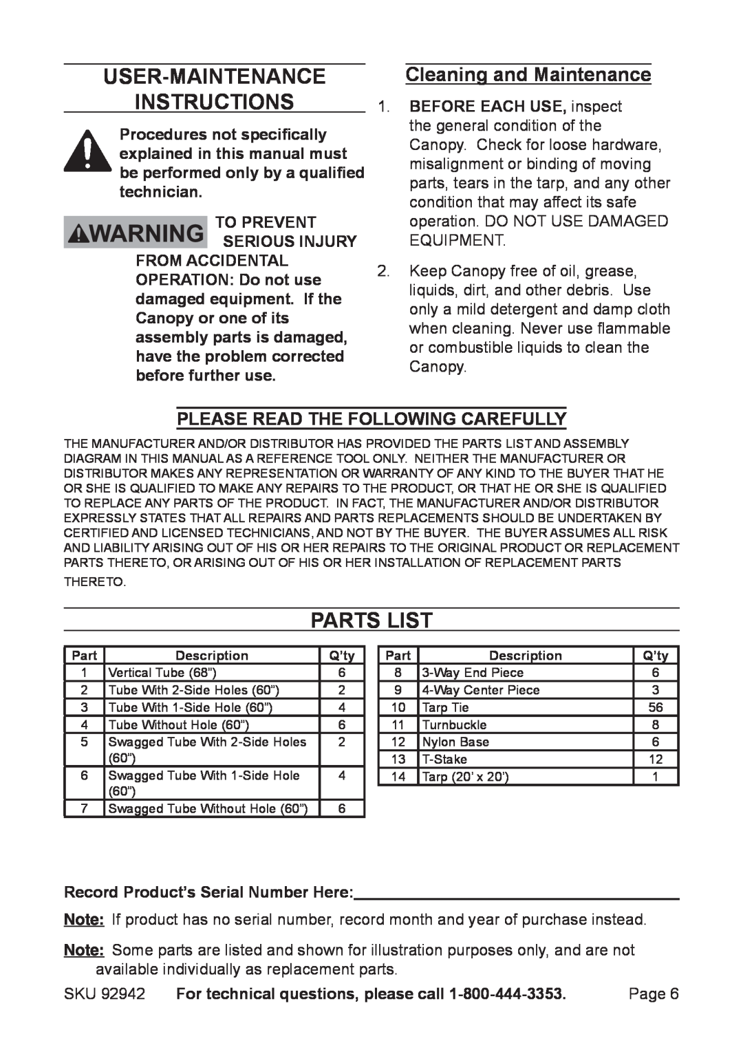 Harbor Freight Tools 92942 User-Maintenance Instructions, Parts List, Cleaning and Maintenance, To prevent serious injury 