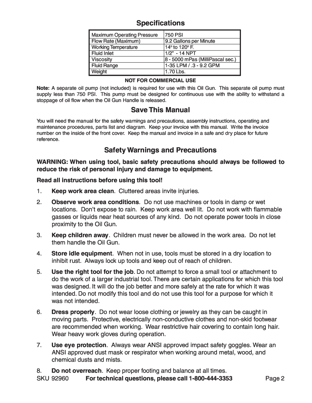 Harbor Freight Tools 92960 manual Specifications, Save This Manual, Safety Warnings and Precautions 
