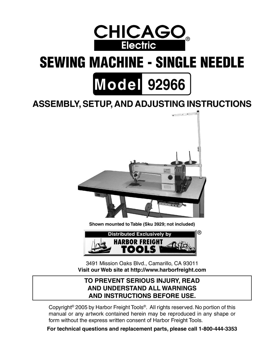 Harbor Freight Tools 92966 manual Model, For technical questions and replacement parts, please call 