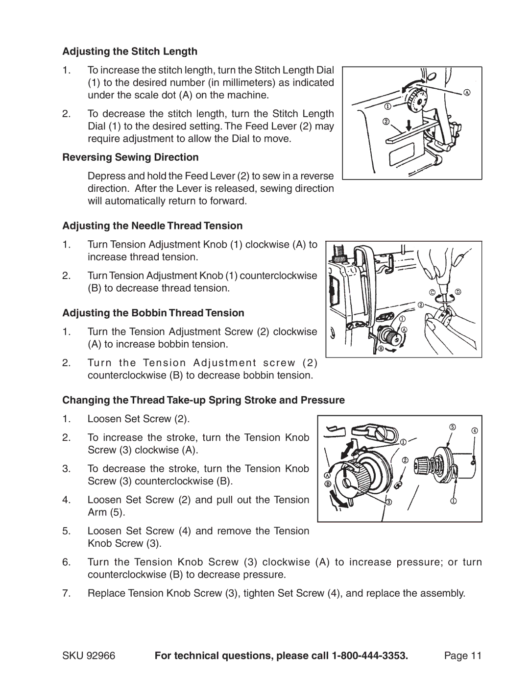 Harbor Freight Tools 92966 Adjusting the Stitch Length, Reversing Sewing Direction, Adjusting the Needle Thread Tension 