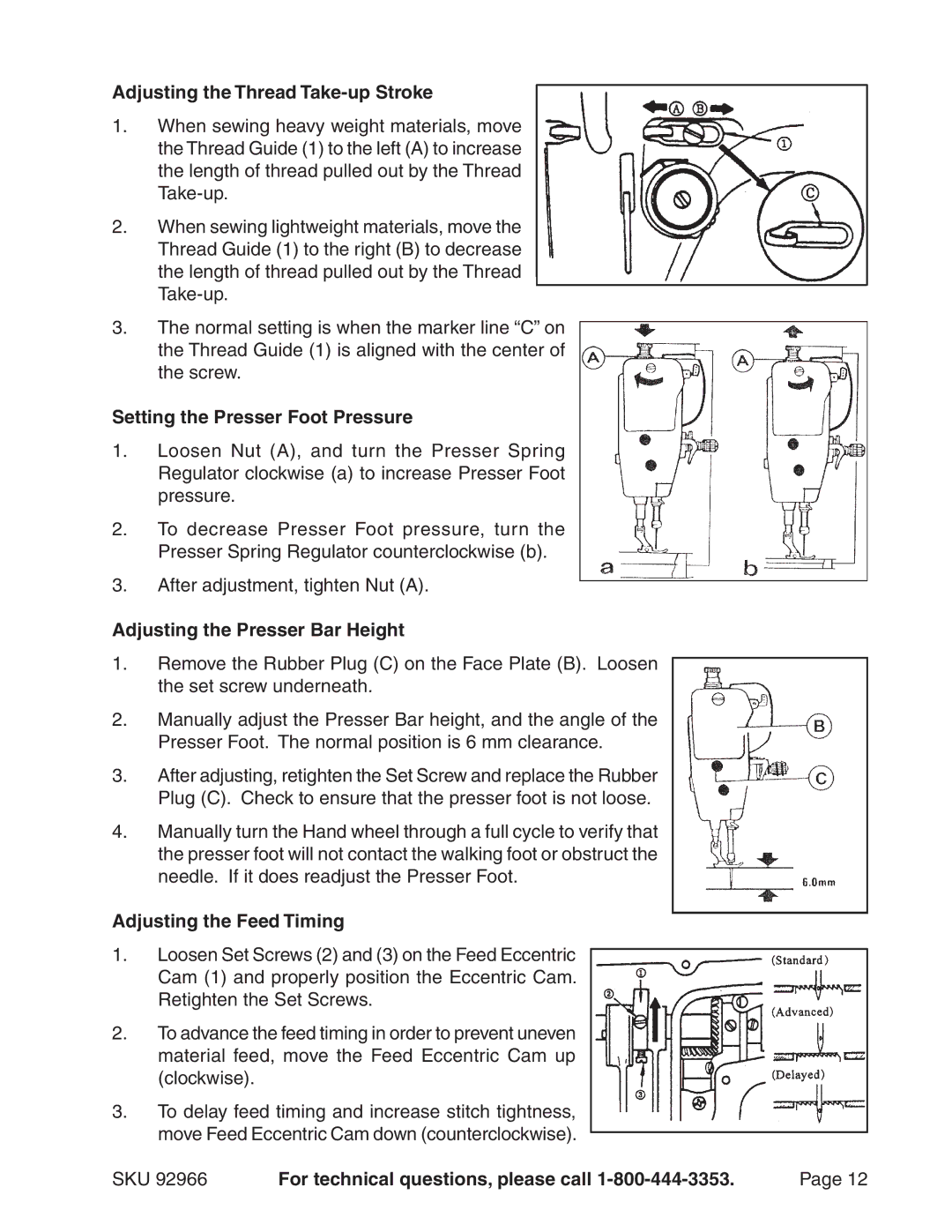 Harbor Freight Tools 92966 manual Adjusting the Thread Take-up Stroke, Setting the Presser Foot Pressure 