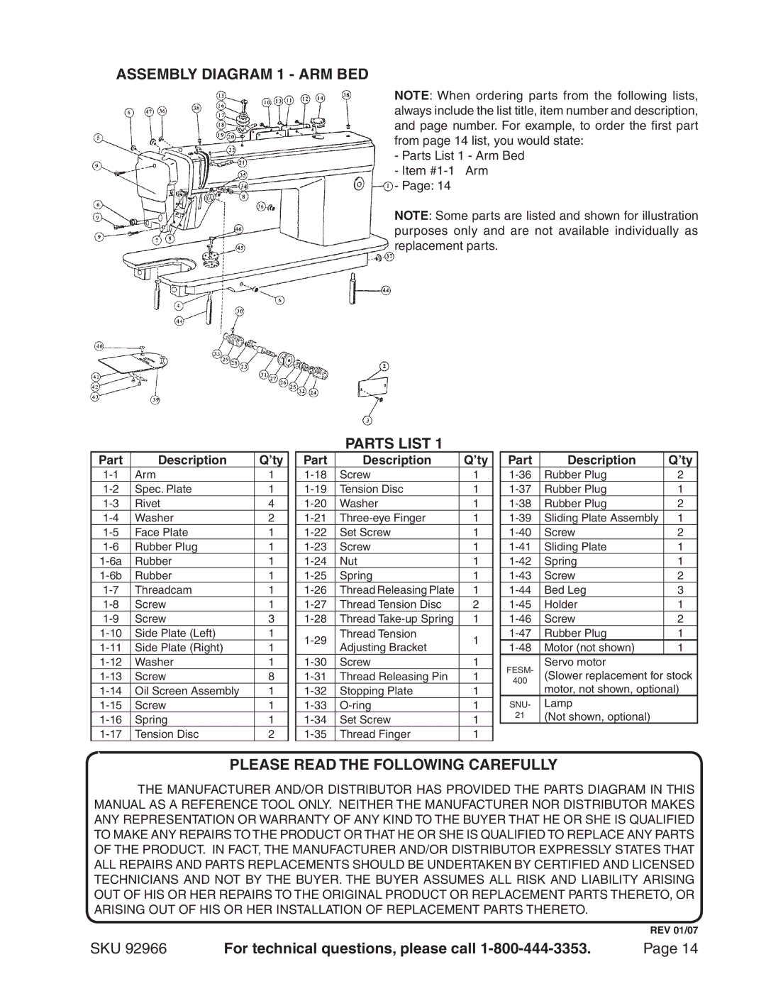 Harbor Freight Tools 92966 manual Assembly Diagram 1 ARM BED, Parts List 