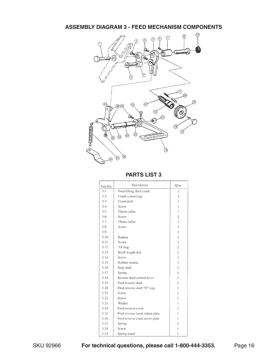 Harbor Freight Tools 92966 manual Assembly Diagram 3 Feed Mechanism components 