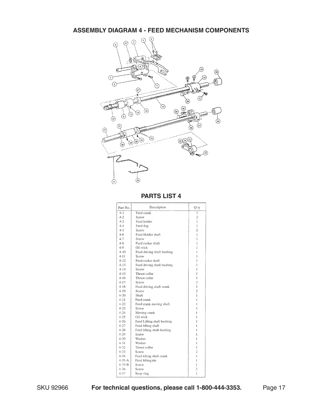 Harbor Freight Tools 92966 manual Assembly Diagram 4 Feed Mechanism Components 