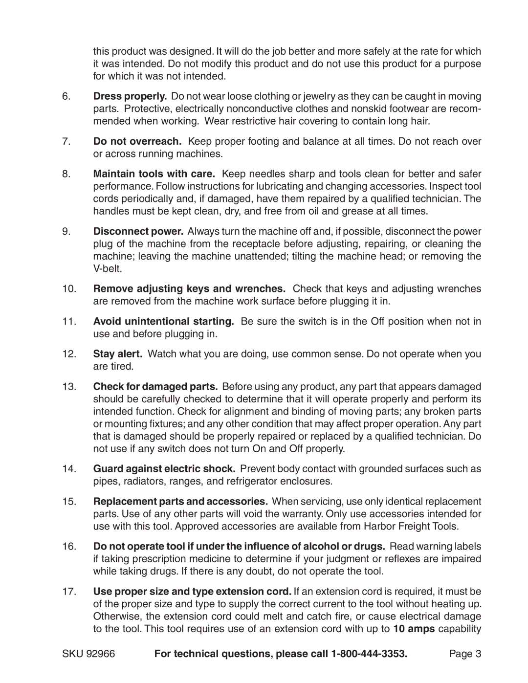 Harbor Freight Tools 92966 manual SKU For technical questions, please call 