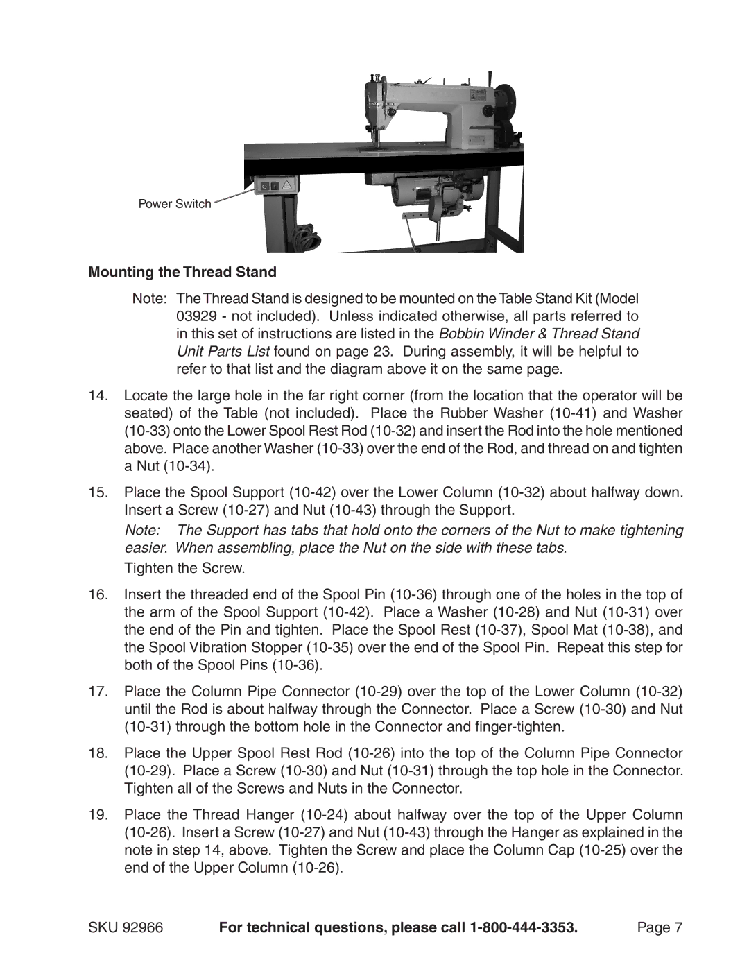 Harbor Freight Tools 92966 manual Mounting the Thread Stand 